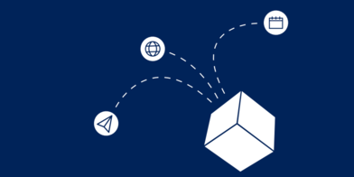 Box in Form eines Würfels, aus dem drei Icons springen: ein Papierflieger, eine Weltkugel und ein Terminkalender.