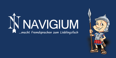 Logo von Navigium: Schriftzug, ein römischer Soldat im Comic-Stil